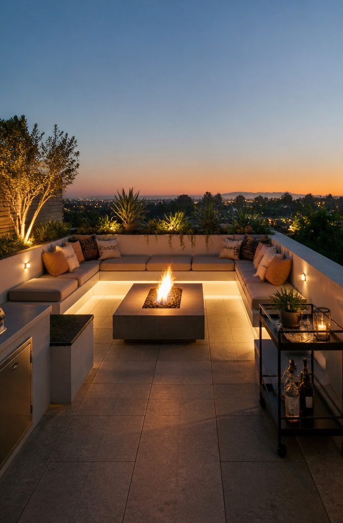 11 Open Terrace Design Ideas for 2026: Styles, Layouts & Tips 5 L-shaped built-in bench seating and fire pit on a modern terrace.