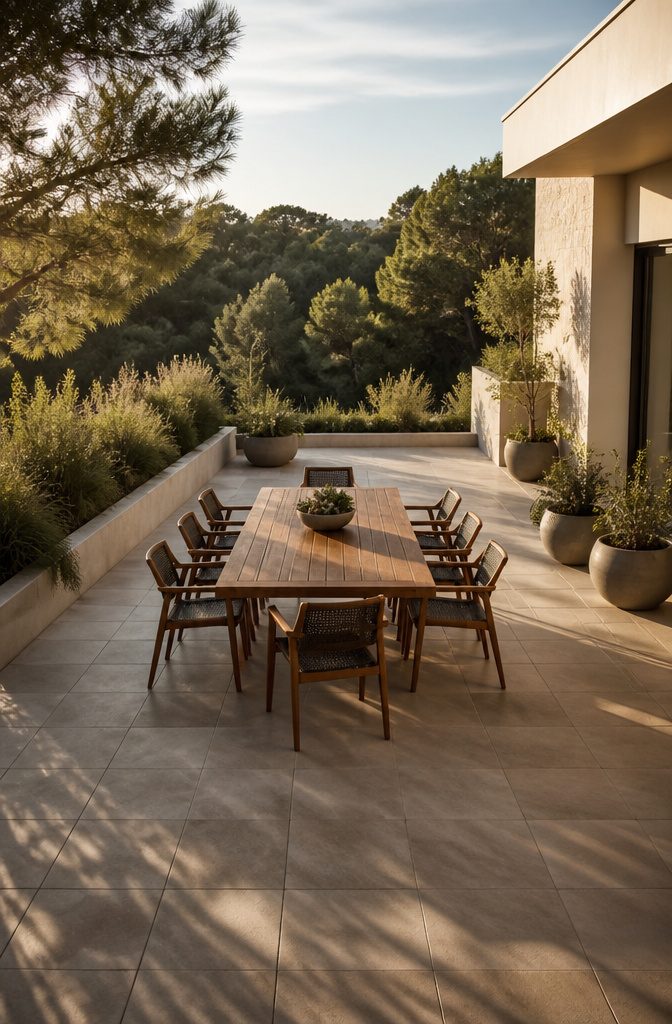 11 Open Terrace Design Ideas for 2026: Styles, Layouts & Tips 2 Teak dining table with chairs on a terrace, surrounded by plants.