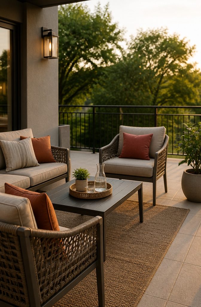 11 Open Terrace Design Ideas for 2026: Styles, Layouts & Tips 1 Outdoor lounge terrace with aluminum and wicker furniture, coffee table, and greenery.