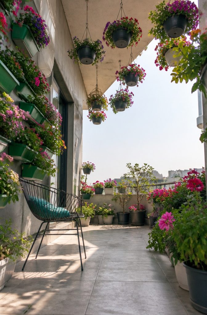 11 Open Terrace Design Ideas for 2026: Styles, Layouts & Tips 3 Rooftop garden with wall-mounted planters and hanging flower baskets.
