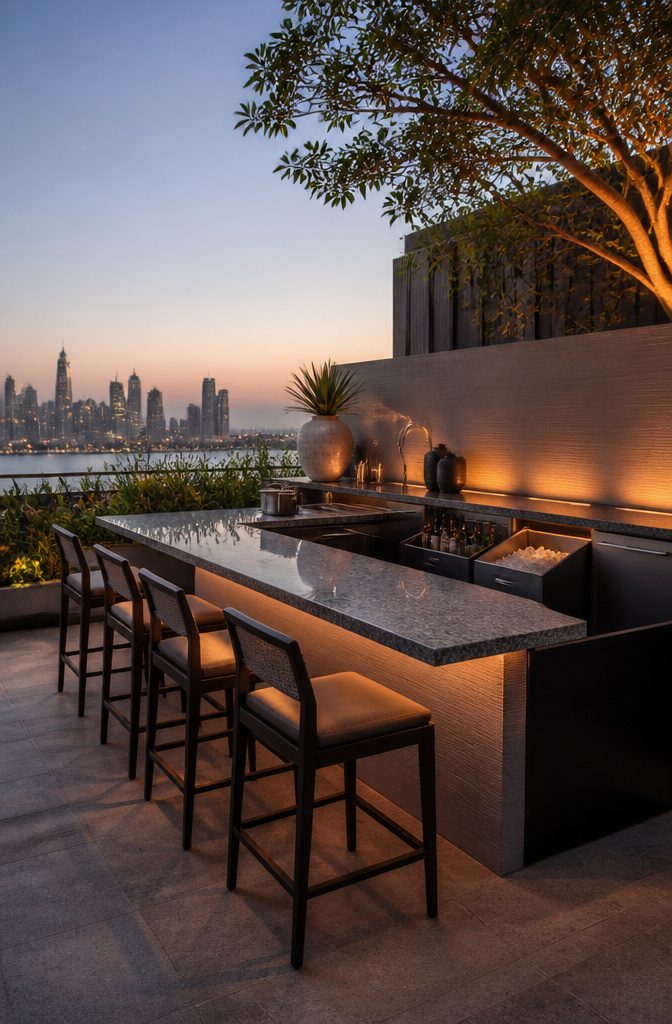 11 Open Terrace Design Ideas for 2026: Styles, Layouts & Tips 7 Granite bar counter with high stools and storage for bottles on a terrace.