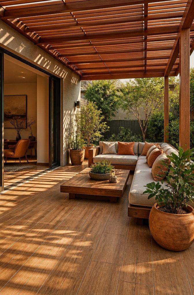 11 Open Terrace Design Ideas for 2026: Styles, Layouts & Tips 4 Pergola over a seating area on a terrace, with wood-look tile flooring.