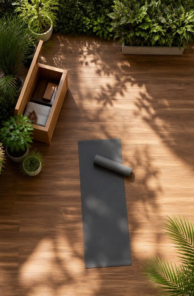 11 Open Terrace Design Ideas for 2026: Styles, Layouts & Tips 6 Yoga deck with smooth flooring, mat, and storage for yoga equipment.