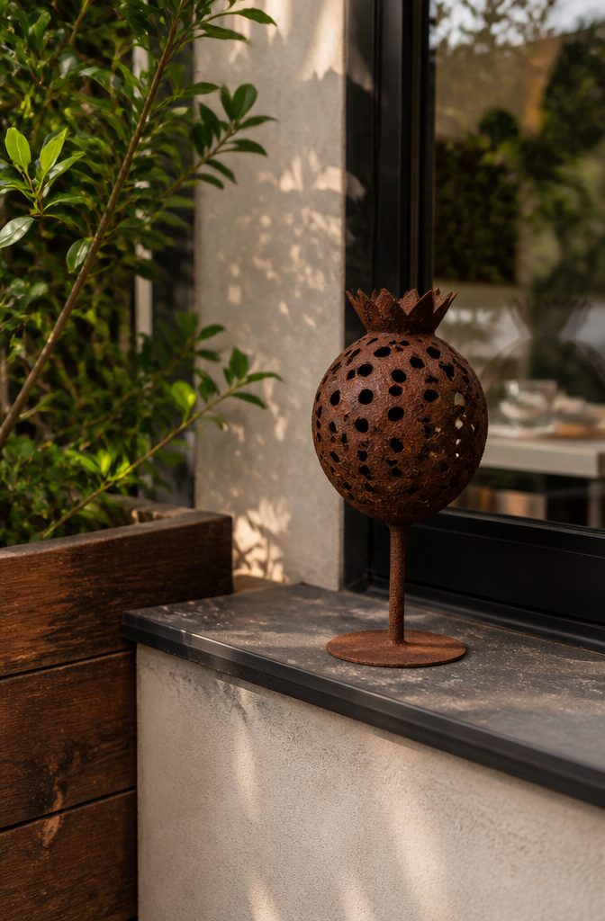 A small weathered-steel sculpture on a terrace ledge.