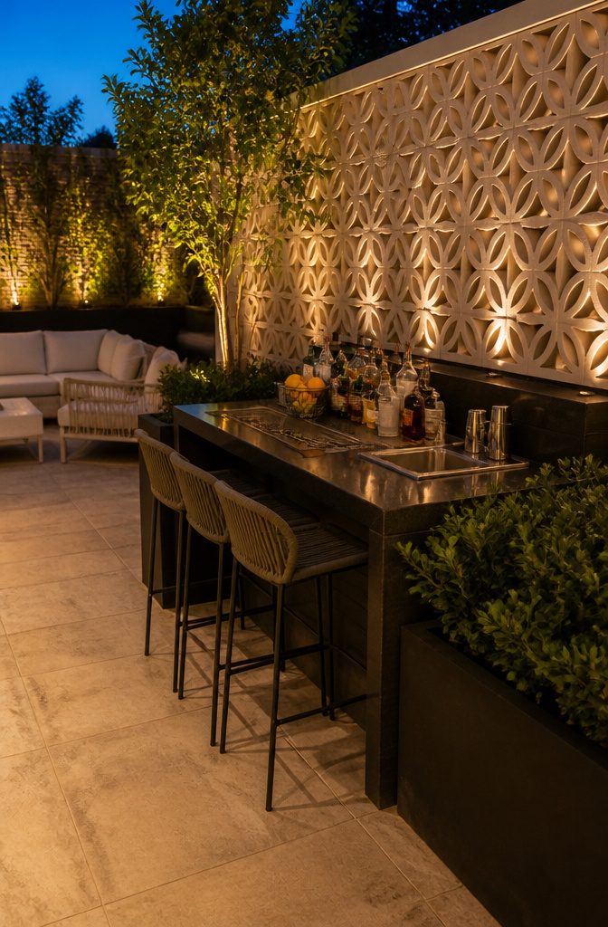 A bar counter nook on a terrace with drinks and decor.