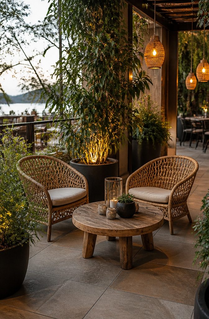 A corner seating area with cane chairs and a wooden table.