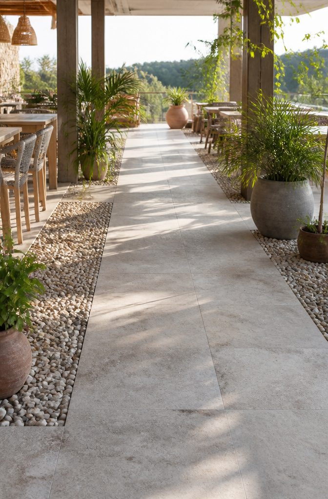 Terrace flooring featuring porcelain tiles and compact pebbles.