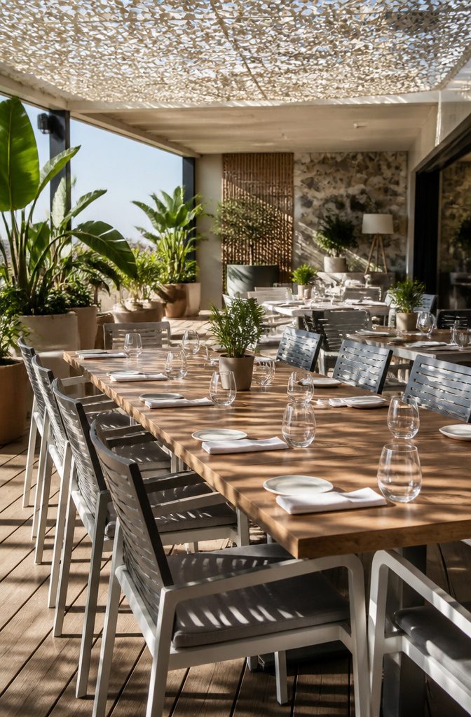 Teak table with aluminum chairs and cushions on a terrace.