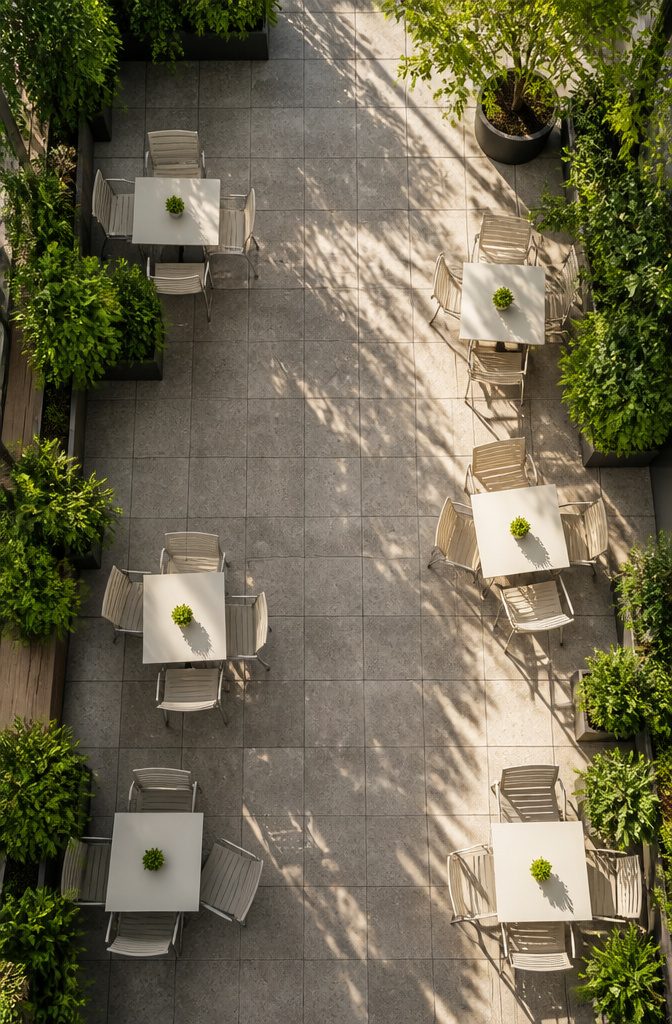 Wide aisles between tables on a terrace for easy movement.