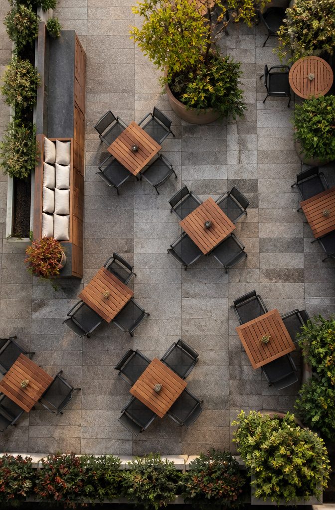 Stackable chairs and folding tables arranged on a terrace.