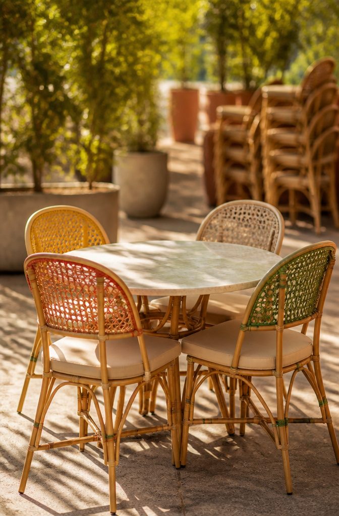 Cane furniture arranged on an outdoor terrace.