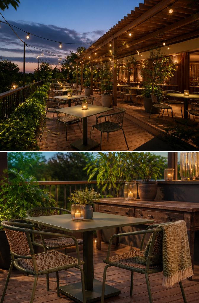 Outdoor terrace with wood furniture, cushions, and soft lighting.