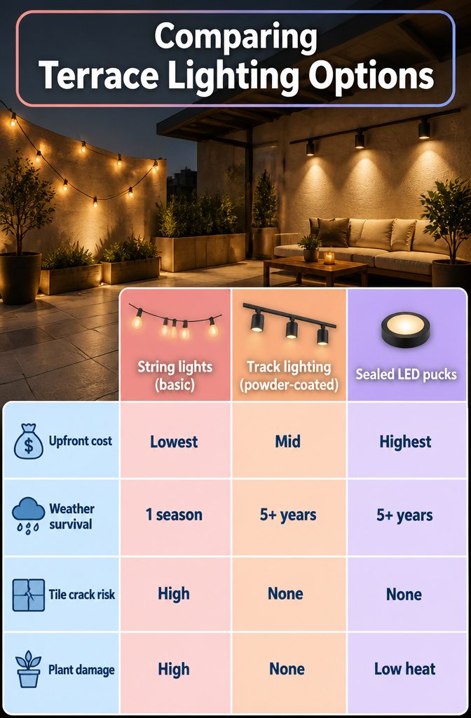 A comparison chart of terrace lighting options.