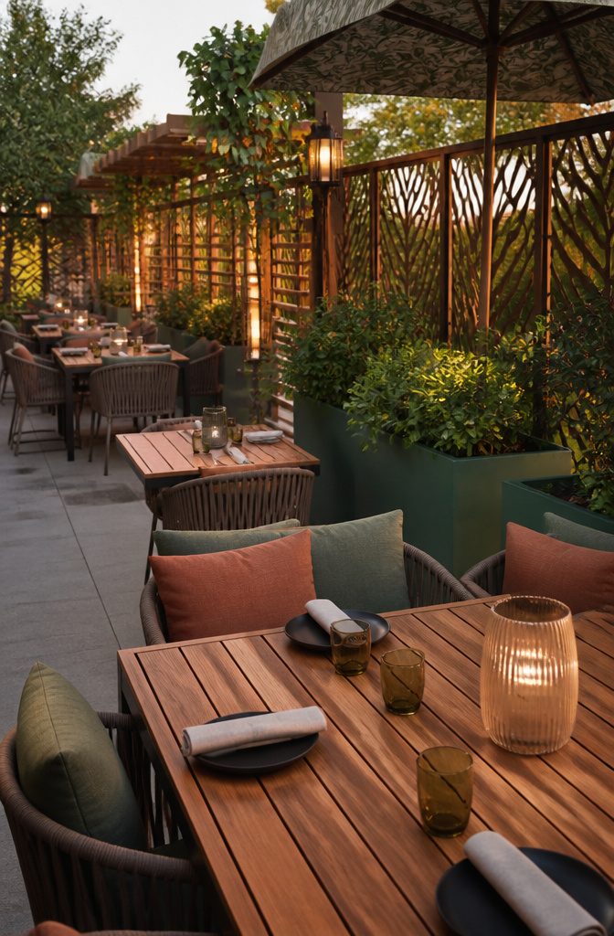 Terrace elements with matching colors and motifs for visual identity.