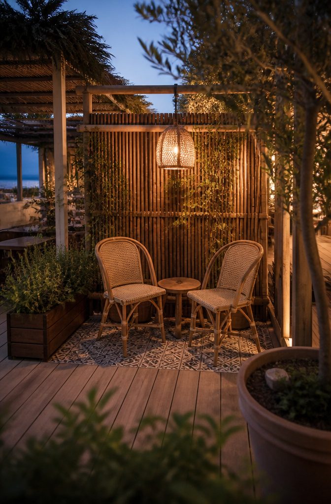 A romantic corner on a terrace with bamboo screen and chairs.