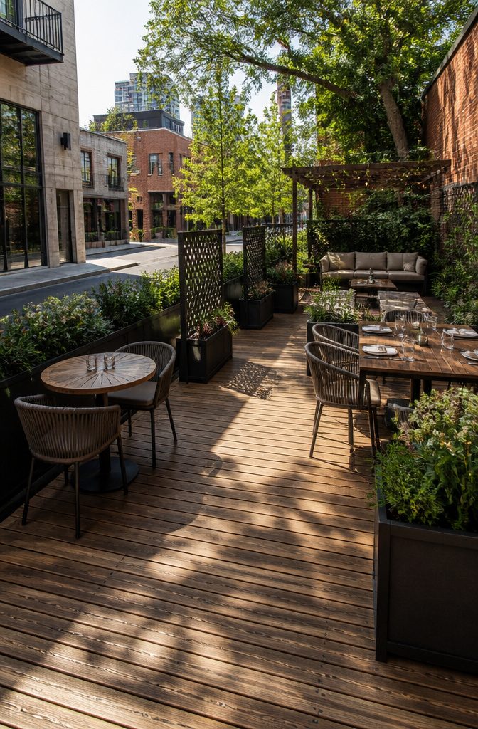 A terrace divided into zones with planters and seating arrangements.