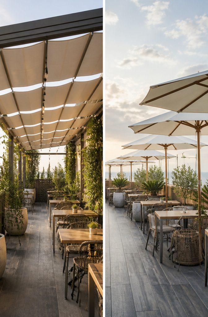 Retractable canopy and side awnings over a terrace dining area.