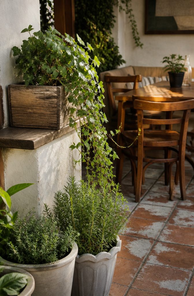 Potted herbs and trailing ivy in a terrace garden corner.