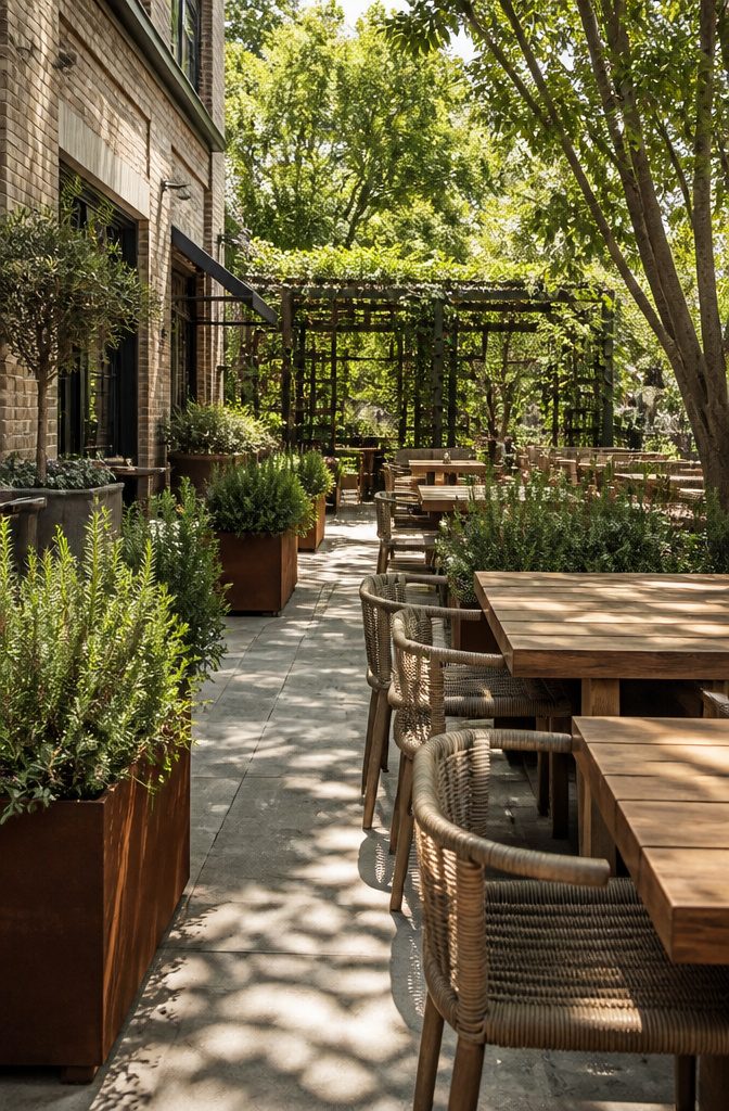 Tall planters with local plants delineating dining areas on a terrace.