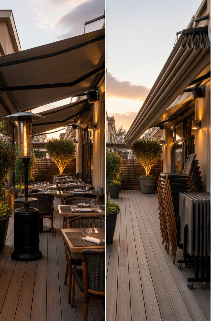 A propane heater in the center of a terrace seating area.