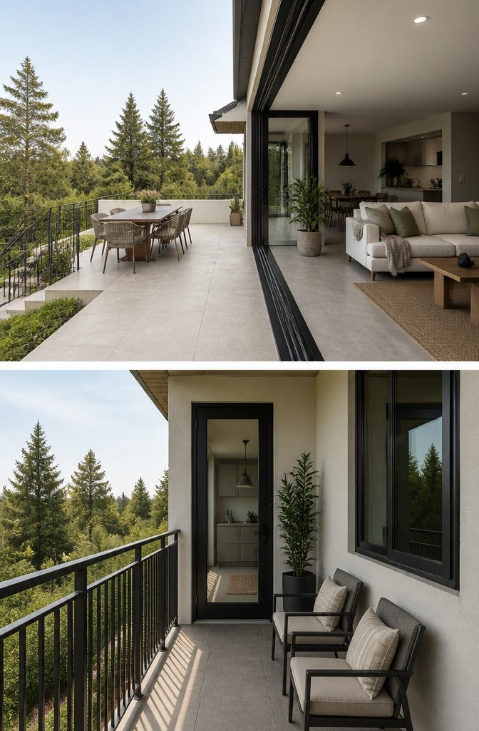A terrace with several entrances and pathways.