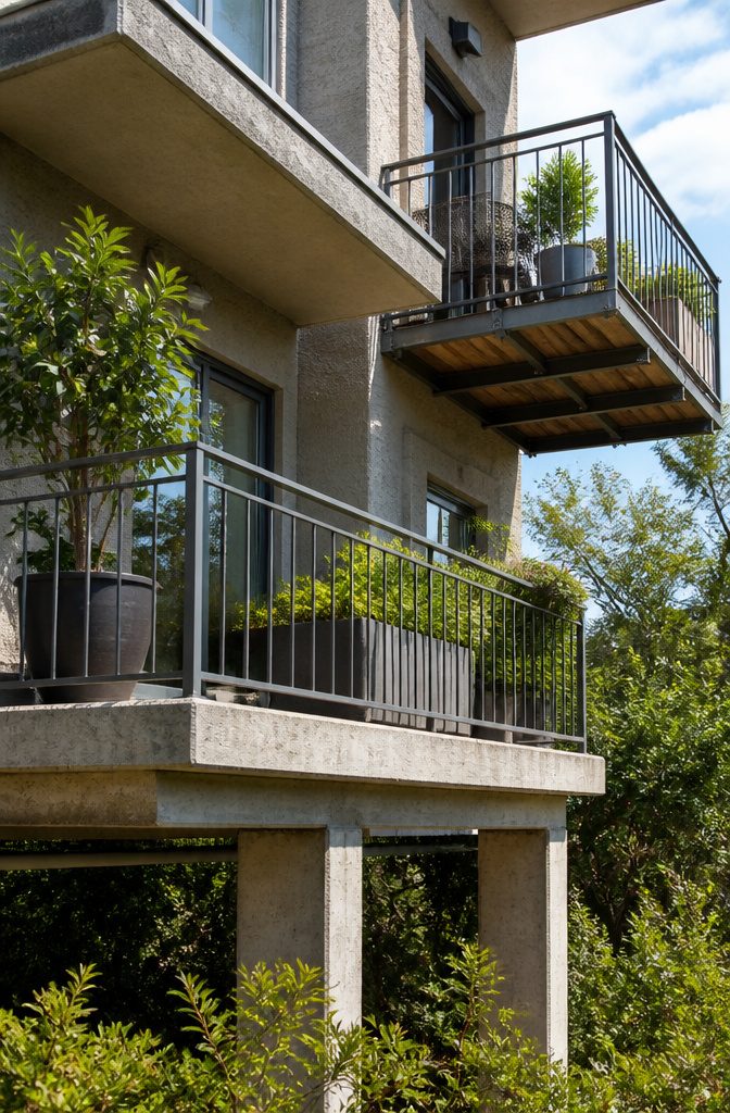 Close-up of a sturdy terrace foundation and a balcony structure.