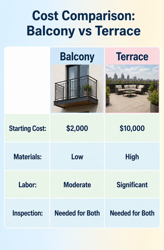 A cost comparison graphic for balconies and terraces.