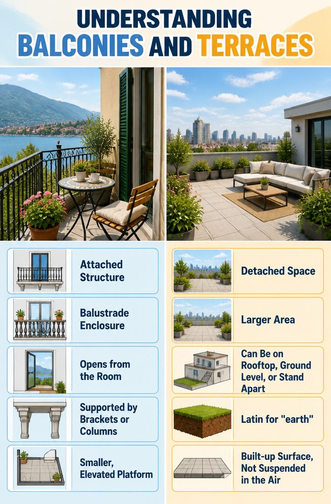 An infographic defining balconies and terraces.