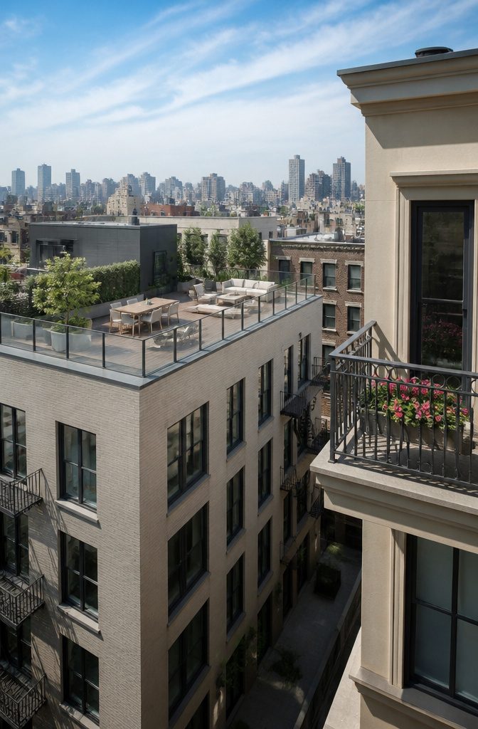 A rooftop terrace with a view, contrasting with a balcony.