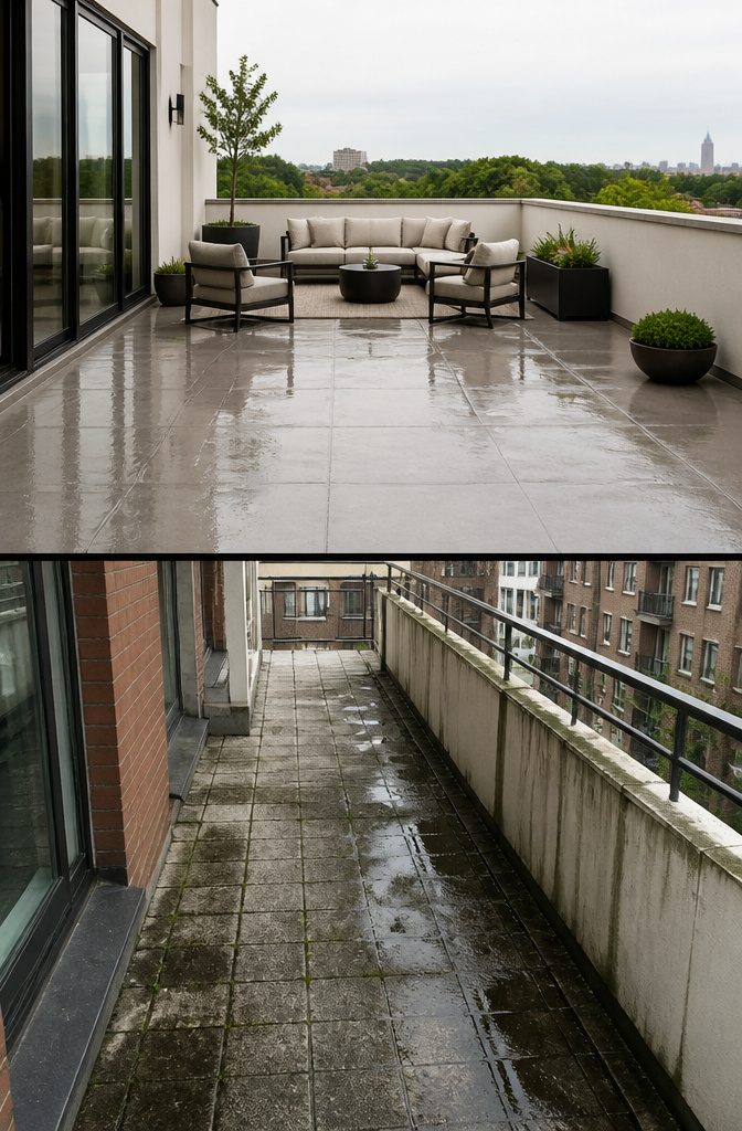 A maintained terrace and a neglected balcony showing signs of wear.