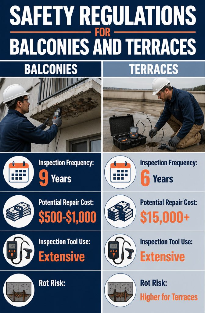 An infographic detailing safety regulations for elevated spaces.