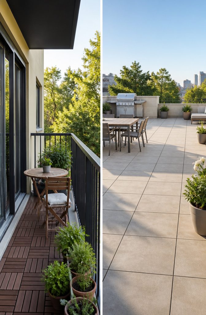 A visual comparison of balcony and terrace sizes.