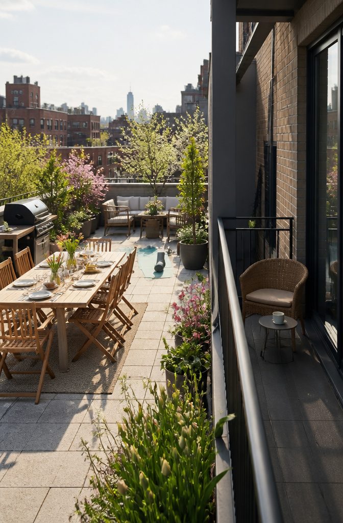 A lively terrace scene with dining, contrasted with a small balcony.