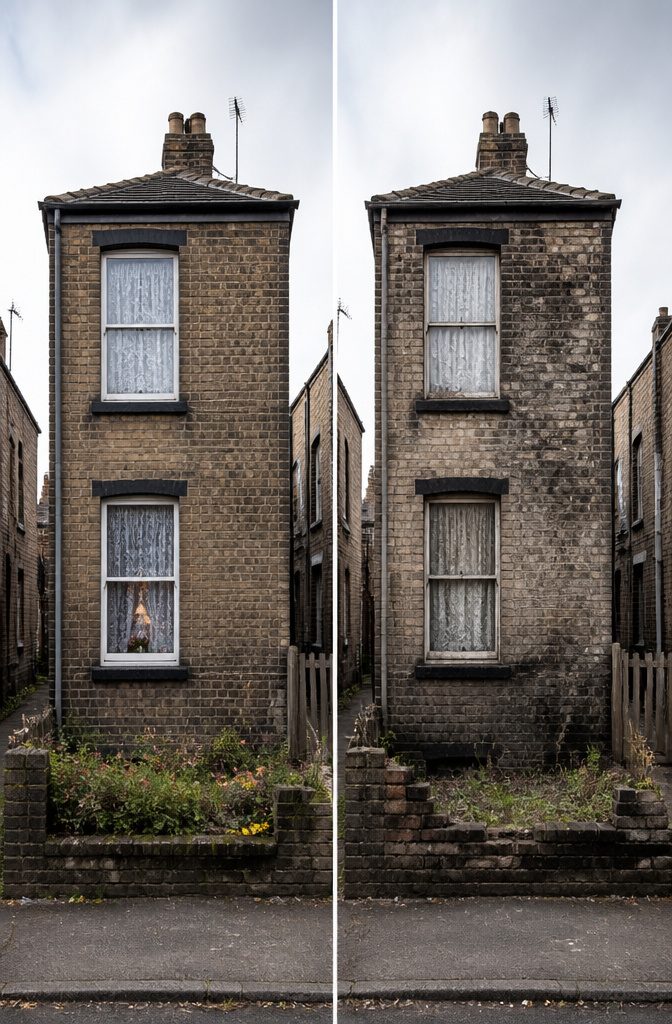 Cluster of back-to-back houses with front façades only.