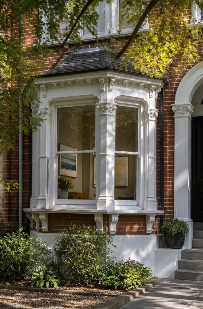 Close-up of a bay window on a Victorian terrace façade.