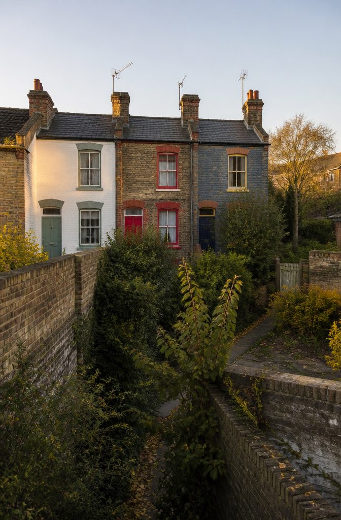 Group of short terrace houses with varied rooflines.