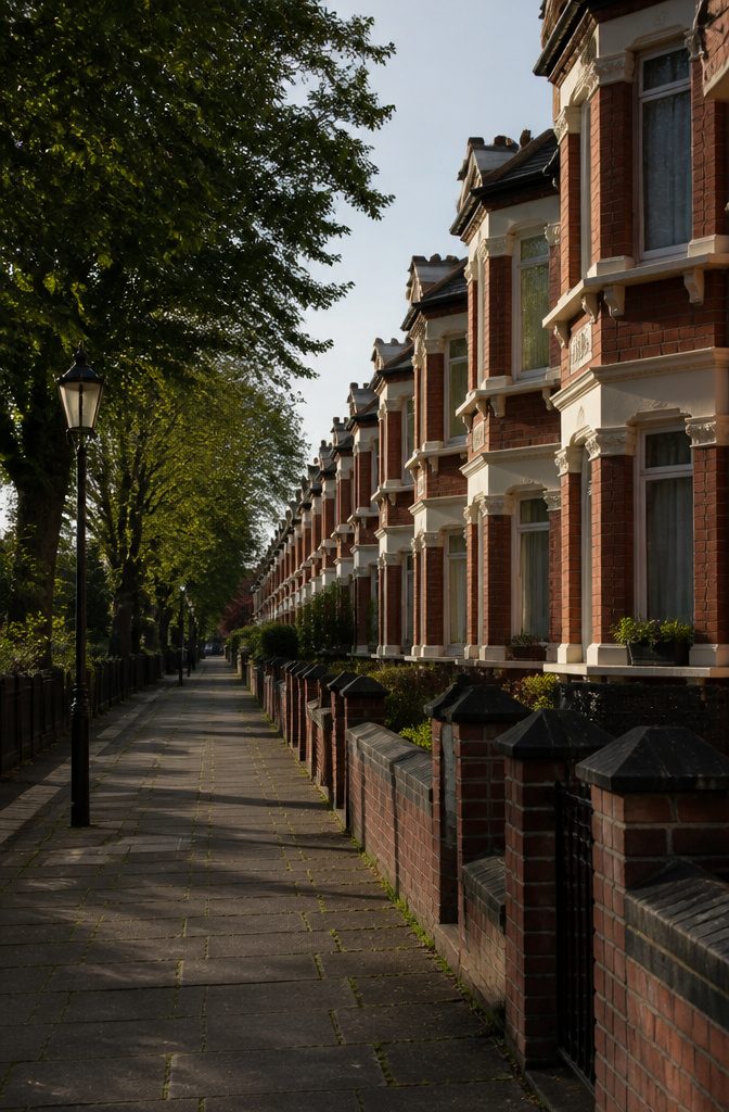 Street lined with standard Victorian terrace houses featuring bay windows.