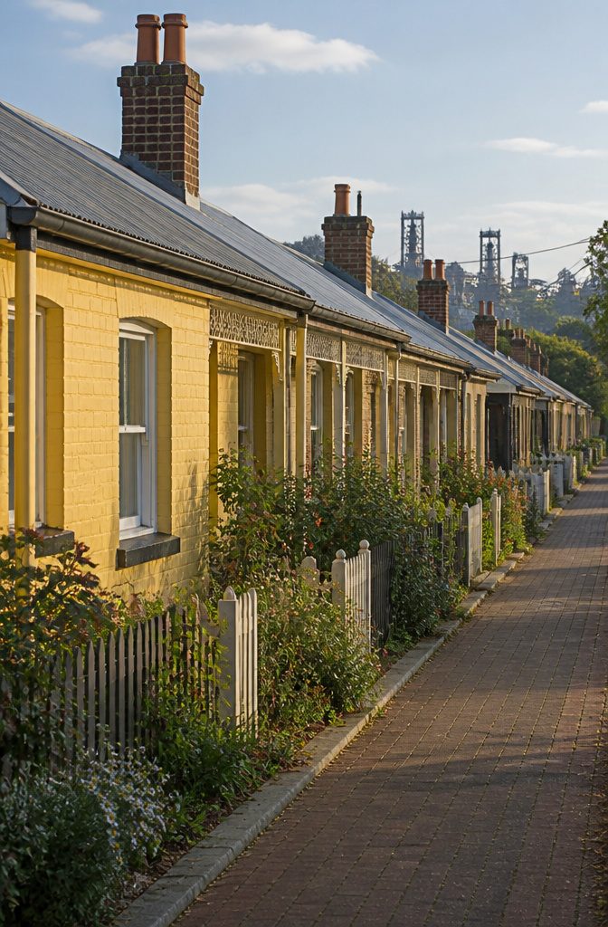 Row of single-storey Sunderland cottages in warm colors.