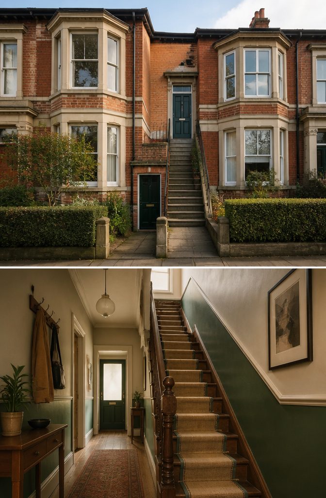 Exterior of Tyneside flats showing two separate entrances.