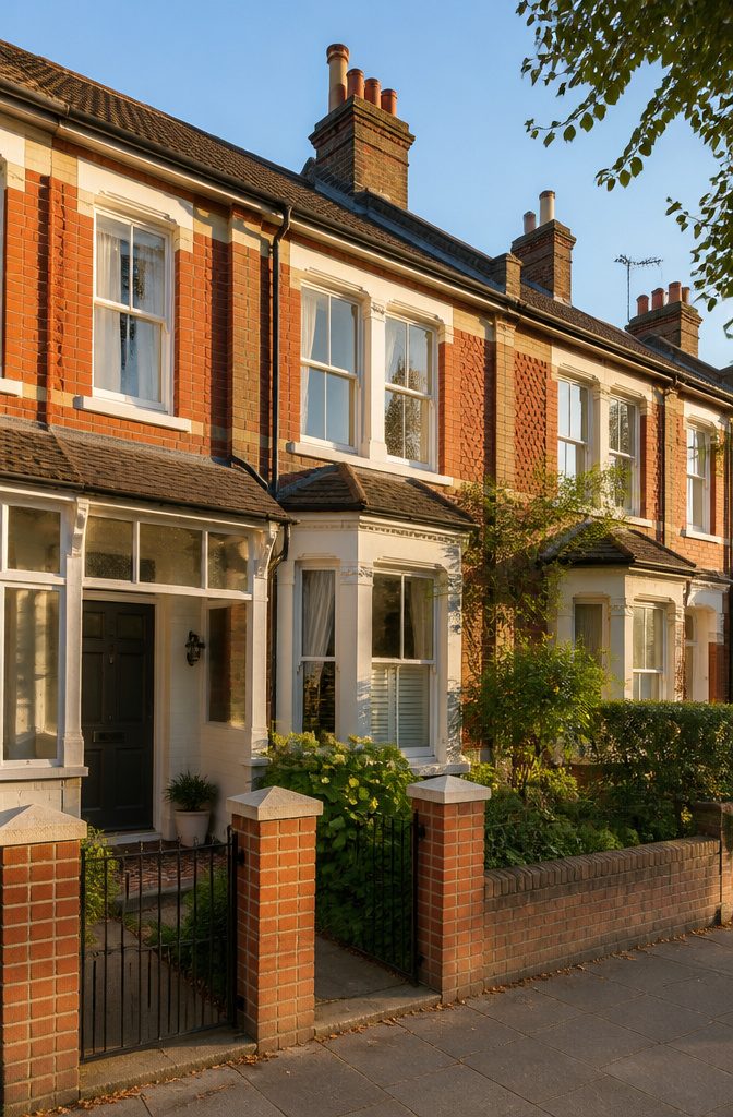 An Edwardian terraced house with ornate chimneys and a welcoming porch.