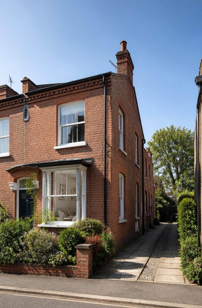 An end-of-terrace house with large windows and a lush garden.