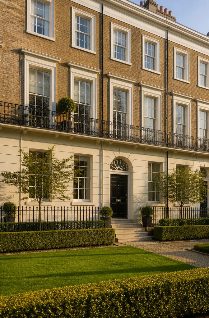 A Georgian terraced house with stucco façade and centrally located front door.