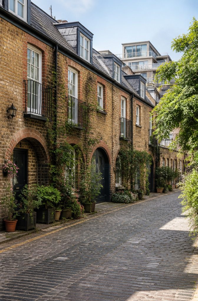 A mews house with rustic brick and cobblestone underfoot in a serene setting.