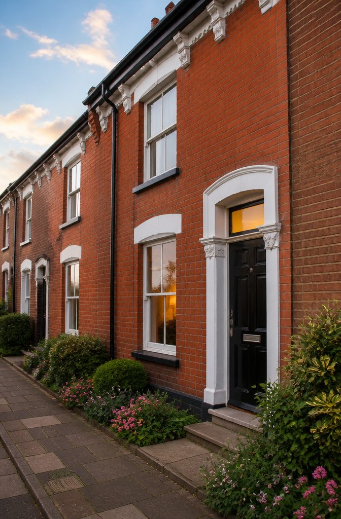 A mid-terraced house with a red-brick façade and ornate front door.