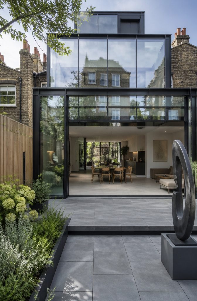 A contemporary terraced house with expansive windows and minimalistic design.