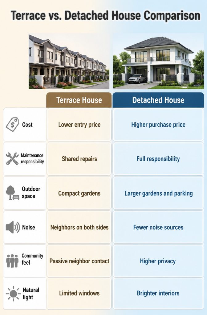 A chart comparing terrace houses with detached houses on various factors.