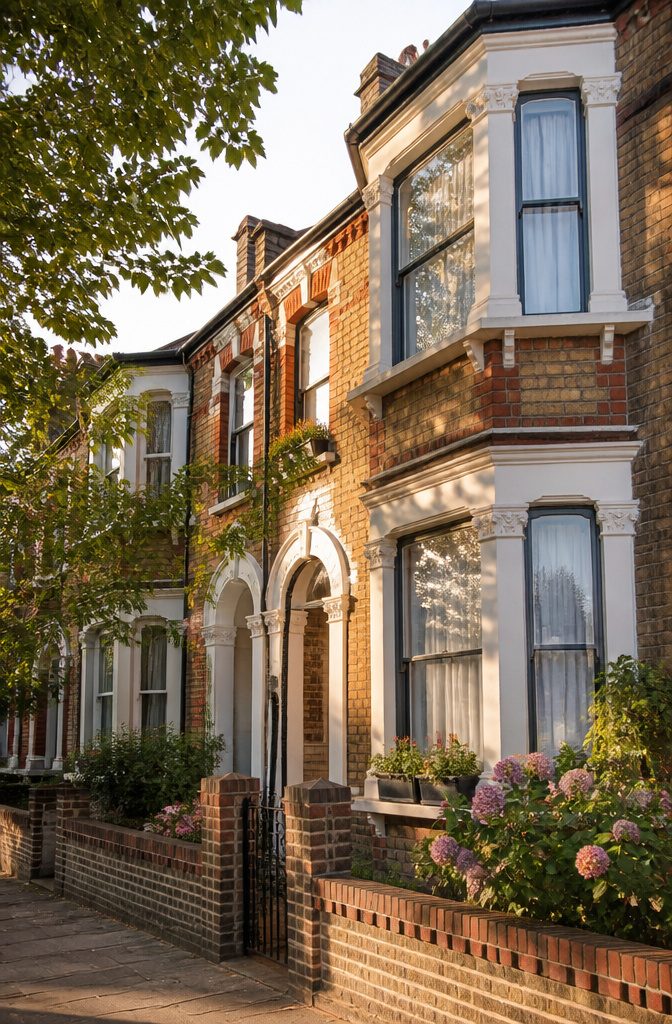 A Victorian terraced house with prominent bay windows and detailed brick façade.