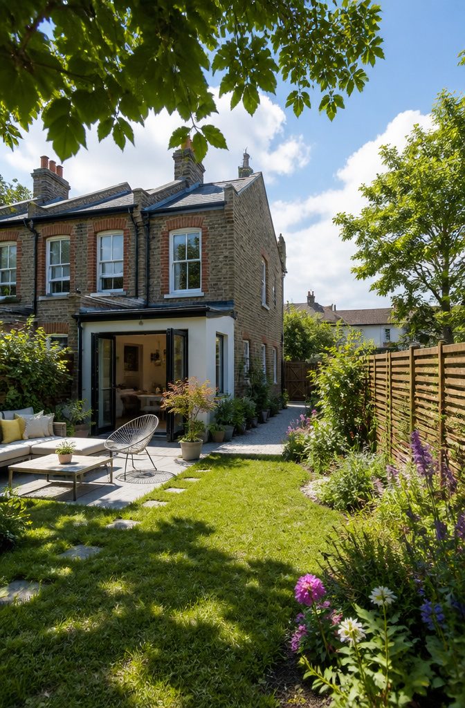 A charming back garden with flowers and a patio at an end-of-terrace house.
