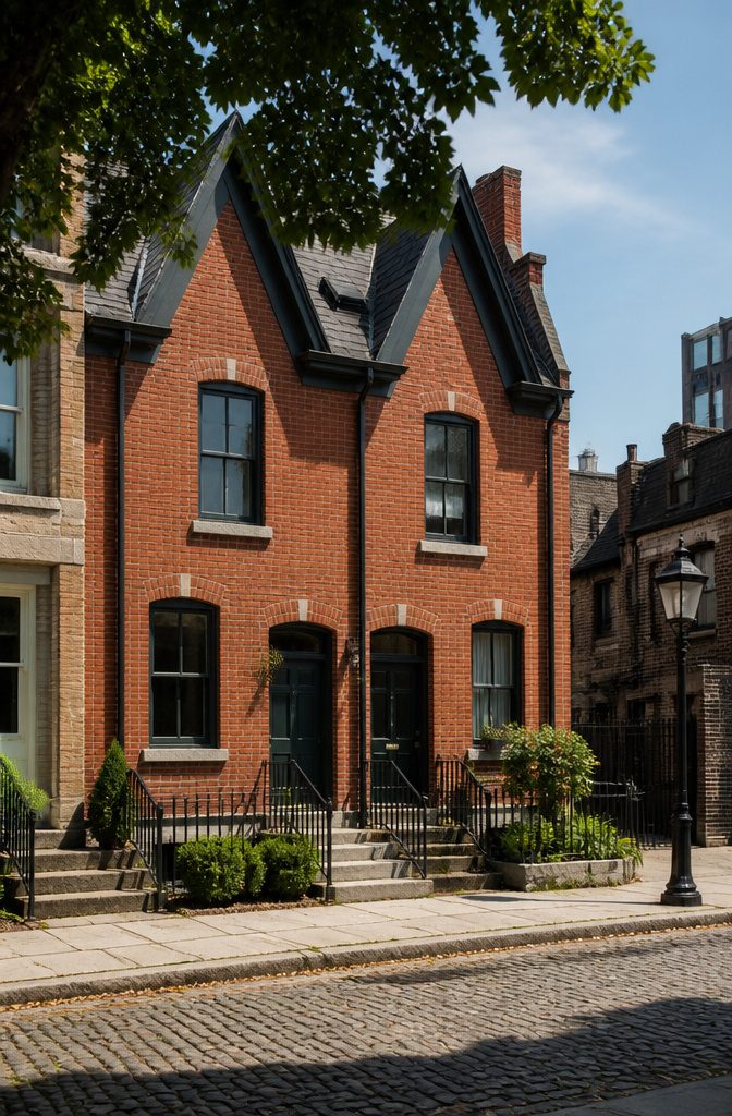 A classic terrace house with shared side walls and a cobblestone street.